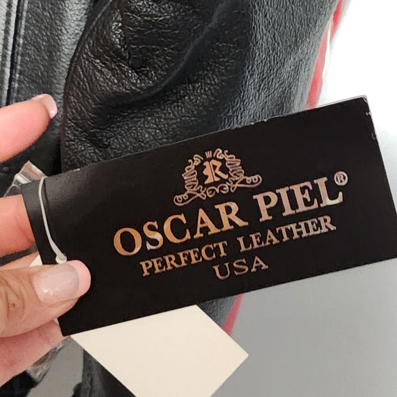 OSCAR PIEL Leather USA Flag Jacket Mens Large Black Red White Blue Stars Stripes - Picture 7 of 15